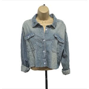 3/$12 

Chambray Med Warm Wash Lagenlook Streetwear Raw Hem Button Crop Shirt XL